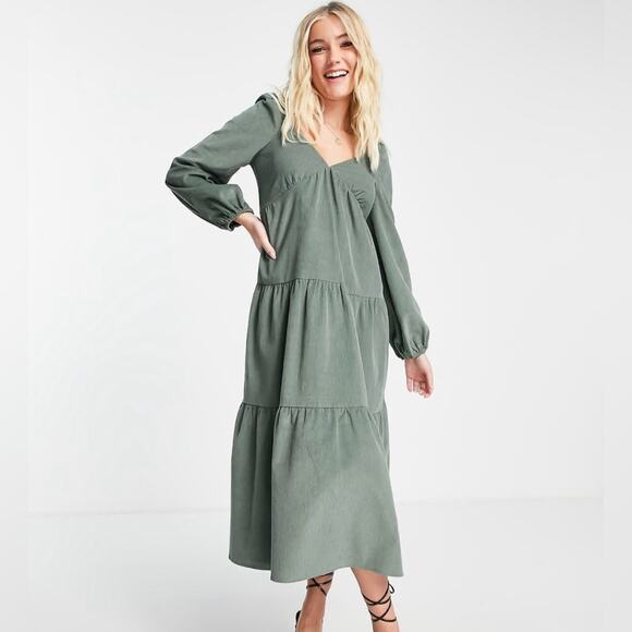 ASOS DESIGN tiered cord babydoll midi smock dress in green khaki SIZE 14 - Picture 1 of 7